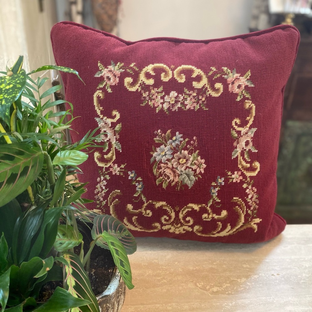 Red and Cream Embroidered Accent Pillow with Floral Design Victorian Cottage